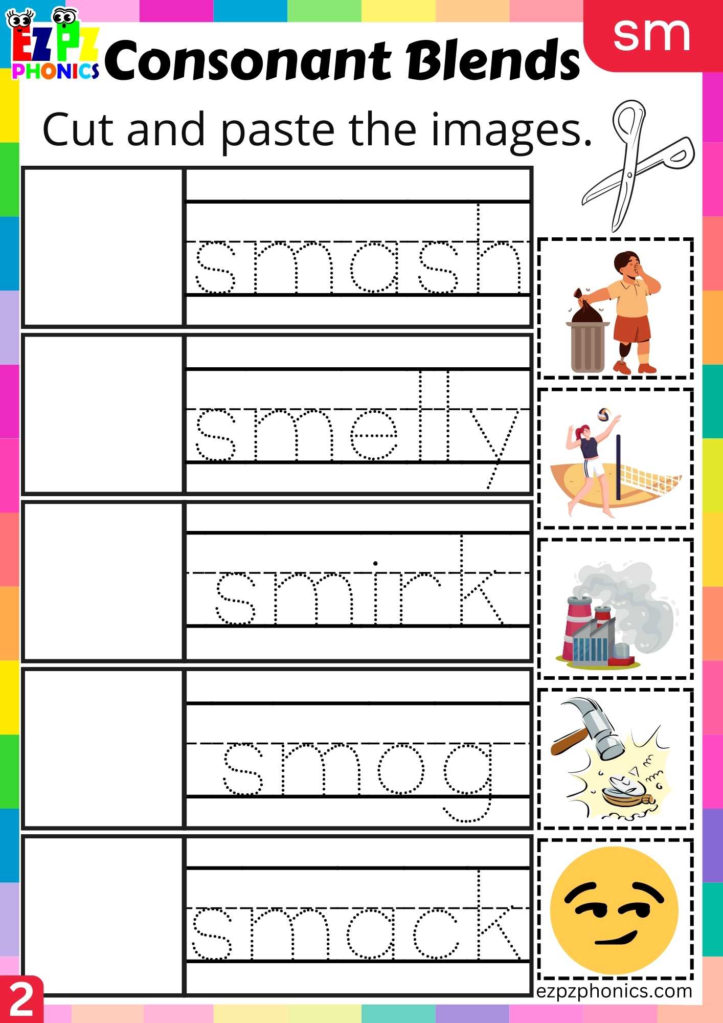 Group2 SM Words Cut And Paste The Images Phonics Consonant Blends Worksheet